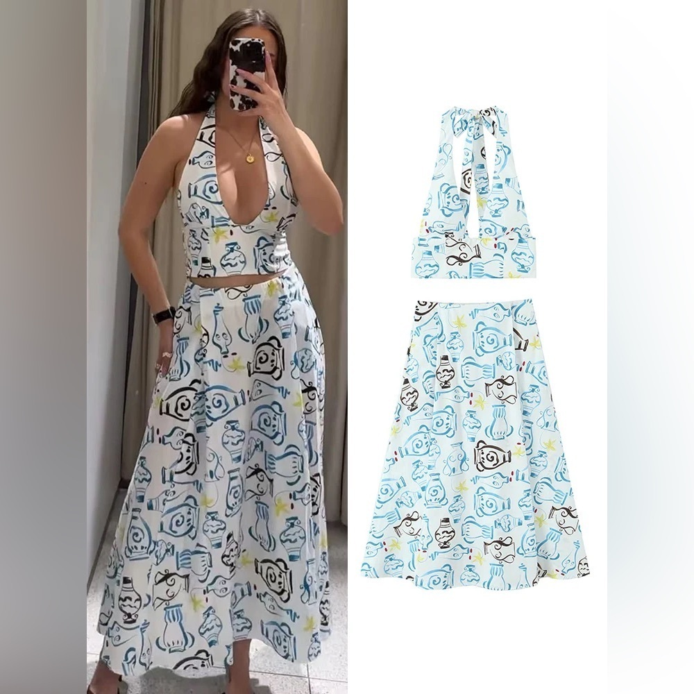 Zara Set of Printed Poplin Crop Top And Midi Skirt